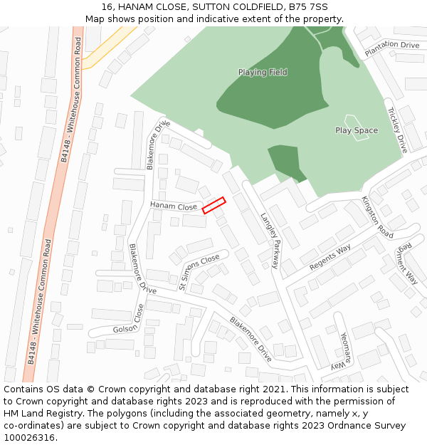 16, HANAM CLOSE, SUTTON COLDFIELD, B75 7SS: Location map and indicative extent of plot