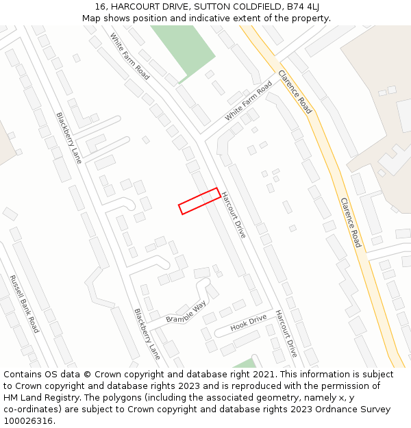 16, HARCOURT DRIVE, SUTTON COLDFIELD, B74 4LJ: Location map and indicative extent of plot