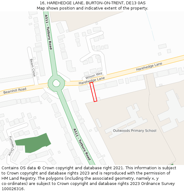 16, HAREHEDGE LANE, BURTON-ON-TRENT, DE13 0AS: Location map and indicative extent of plot
