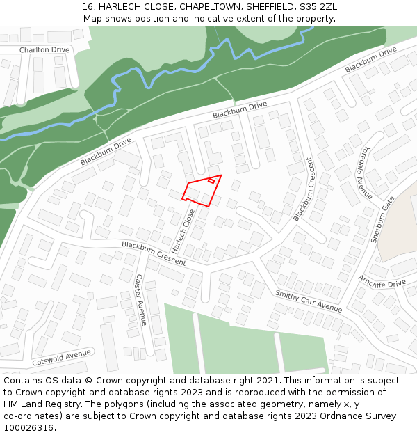 16, HARLECH CLOSE, CHAPELTOWN, SHEFFIELD, S35 2ZL: Location map and indicative extent of plot