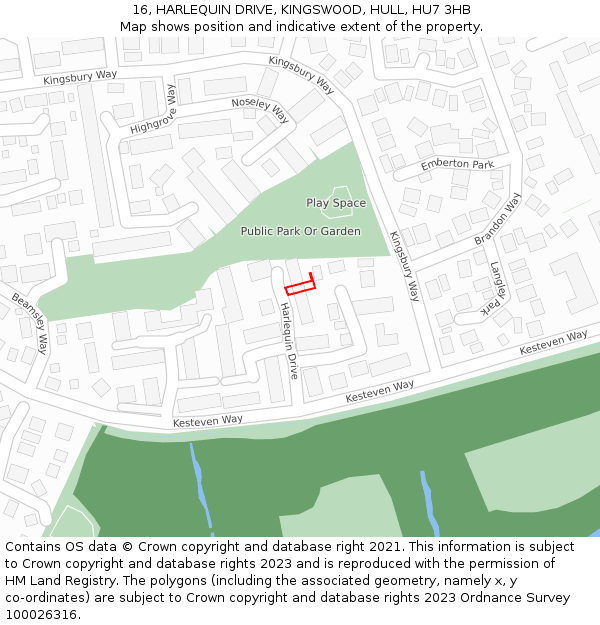 16, HARLEQUIN DRIVE, KINGSWOOD, HULL, HU7 3HB: Location map and indicative extent of plot