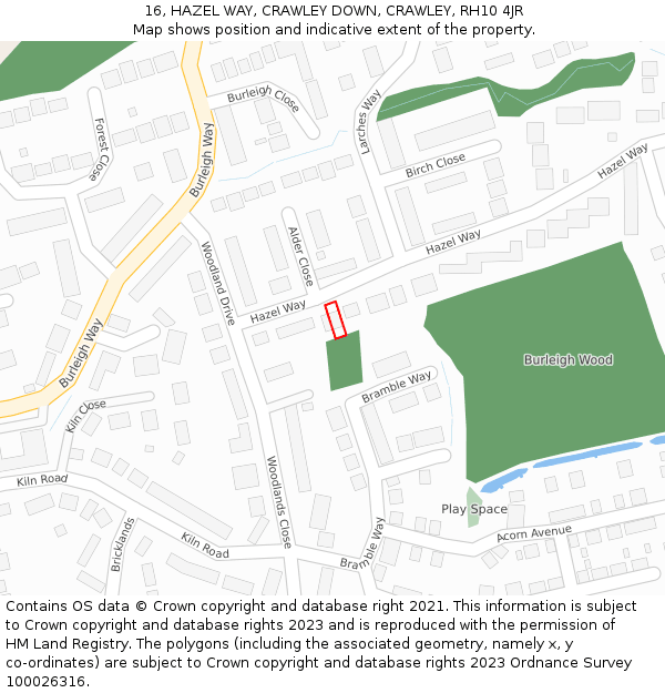 16, HAZEL WAY, CRAWLEY DOWN, CRAWLEY, RH10 4JR: Location map and indicative extent of plot