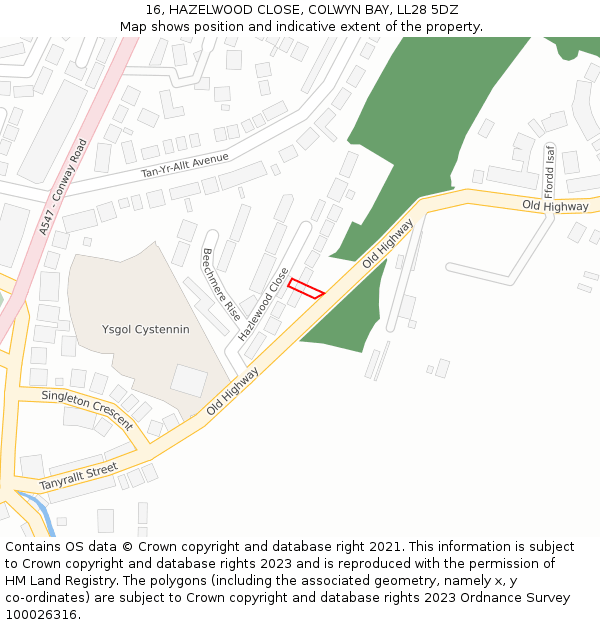 16, HAZELWOOD CLOSE, COLWYN BAY, LL28 5DZ: Location map and indicative extent of plot