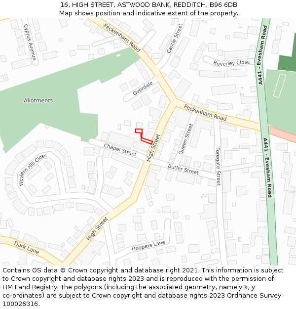 16, HIGH STREET, ASTWOOD BANK, REDDITCH, B96 6DB: Location map and indicative extent of plot