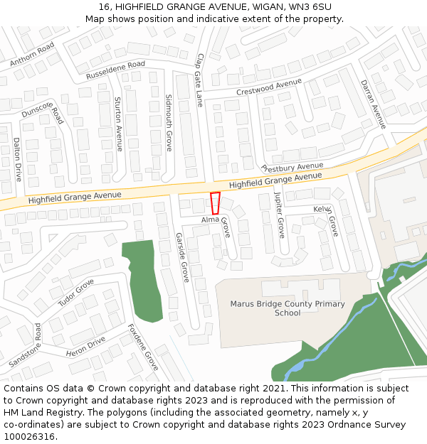 16, HIGHFIELD GRANGE AVENUE, WIGAN, WN3 6SU: Location map and indicative extent of plot