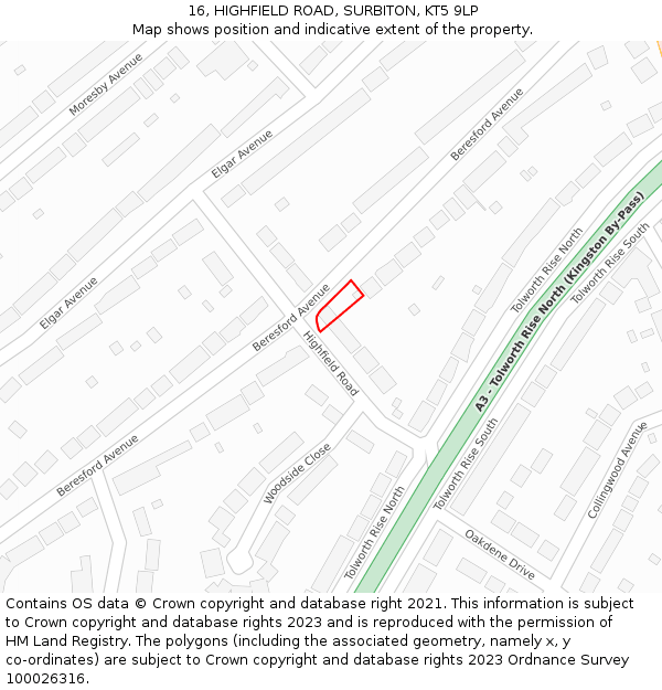 16, HIGHFIELD ROAD, SURBITON, KT5 9LP: Location map and indicative extent of plot