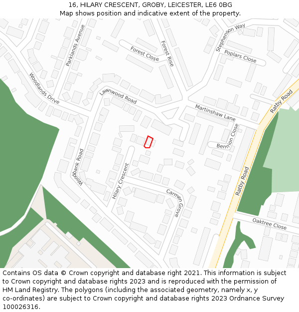 16, HILARY CRESCENT, GROBY, LEICESTER, LE6 0BG: Location map and indicative extent of plot