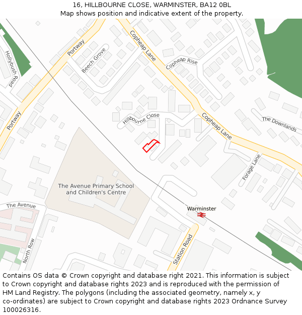16, HILLBOURNE CLOSE, WARMINSTER, BA12 0BL: Location map and indicative extent of plot