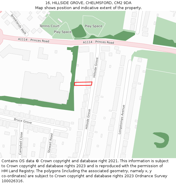 16, HILLSIDE GROVE, CHELMSFORD, CM2 9DA: Location map and indicative extent of plot