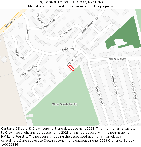 16, HOGARTH CLOSE, BEDFORD, MK41 7NA: Location map and indicative extent of plot