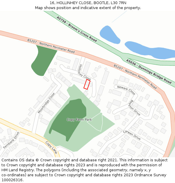 16, HOLLINHEY CLOSE, BOOTLE, L30 7RN: Location map and indicative extent of plot
