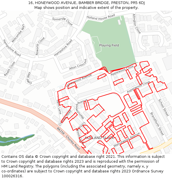 16, HONEYWOOD AVENUE, BAMBER BRIDGE, PRESTON, PR5 6DJ: Location map and indicative extent of plot