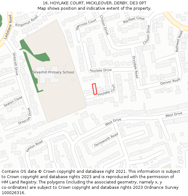 16, HOYLAKE COURT, MICKLEOVER, DERBY, DE3 0PT: Location map and indicative extent of plot