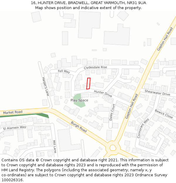 16, HUNTER DRIVE, BRADWELL, GREAT YARMOUTH, NR31 9UA: Location map and indicative extent of plot