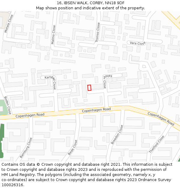 16, IBSEN WALK, CORBY, NN18 9DF: Location map and indicative extent of plot