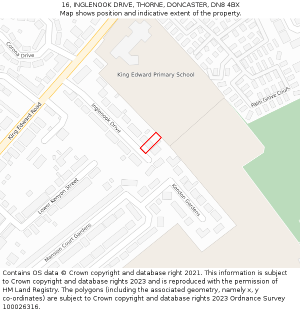16, INGLENOOK DRIVE, THORNE, DONCASTER, DN8 4BX: Location map and indicative extent of plot