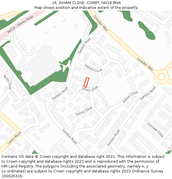 16, INHAM CLOSE, CORBY, NN18 8NA: Location map and indicative extent of plot