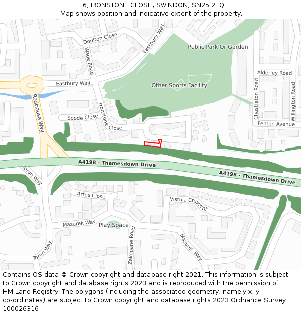 16, IRONSTONE CLOSE, SWINDON, SN25 2EQ: Location map and indicative extent of plot