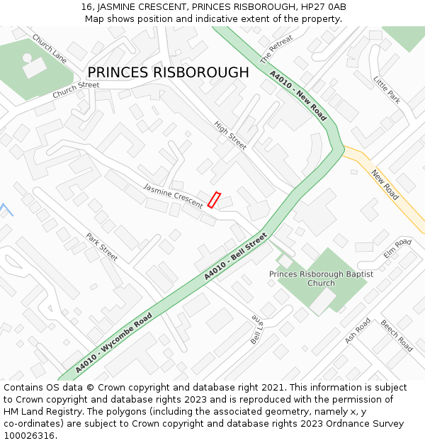 16, JASMINE CRESCENT, PRINCES RISBOROUGH, HP27 0AB: Location map and indicative extent of plot