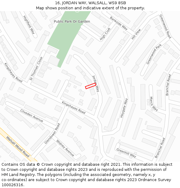 16, JORDAN WAY, WALSALL, WS9 8SB: Location map and indicative extent of plot