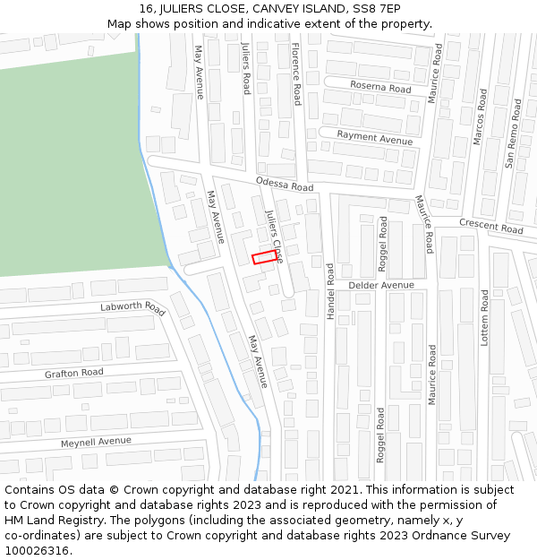 16, JULIERS CLOSE, CANVEY ISLAND, SS8 7EP: Location map and indicative extent of plot