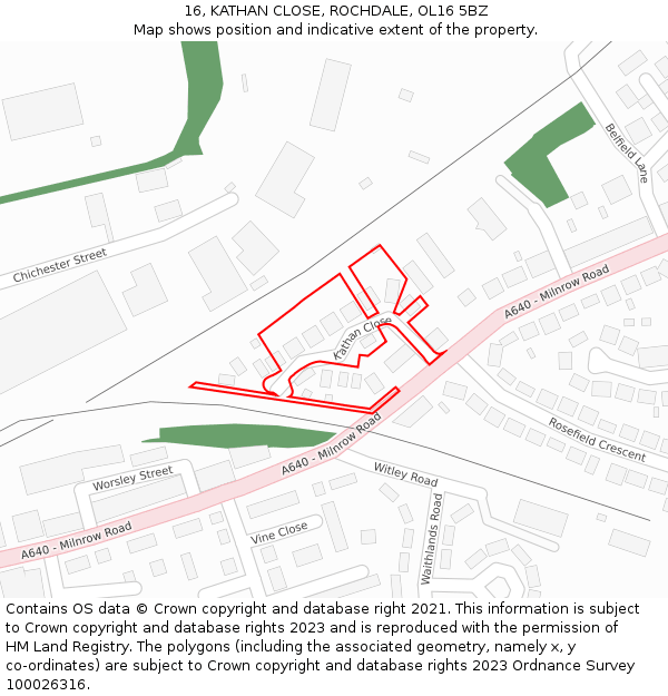 16, KATHAN CLOSE, ROCHDALE, OL16 5BZ: Location map and indicative extent of plot