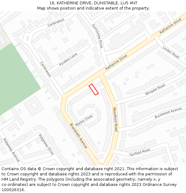 16, KATHERINE DRIVE, DUNSTABLE, LU5 4NT: Location map and indicative extent of plot
