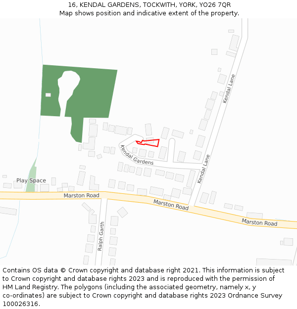 16, KENDAL GARDENS, TOCKWITH, YORK, YO26 7QR: Location map and indicative extent of plot