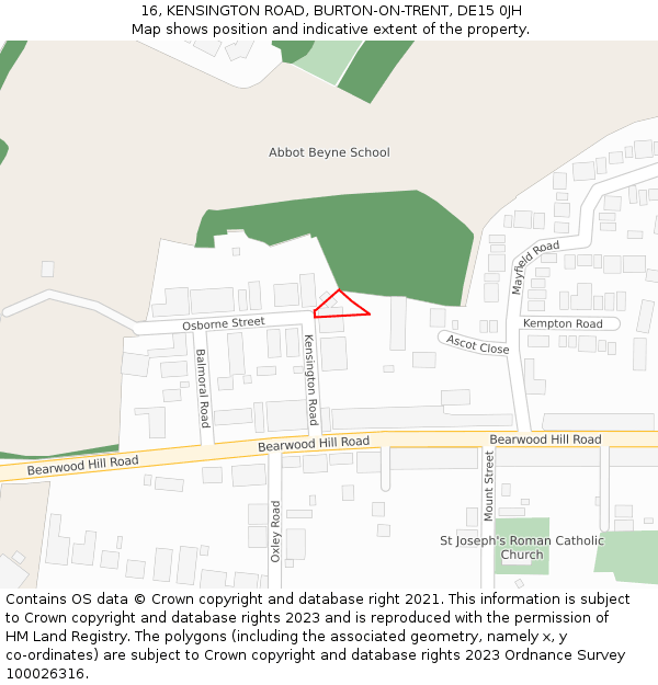 16, KENSINGTON ROAD, BURTON-ON-TRENT, DE15 0JH: Location map and indicative extent of plot