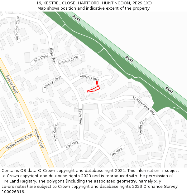 16, KESTREL CLOSE, HARTFORD, HUNTINGDON, PE29 1XD: Location map and indicative extent of plot