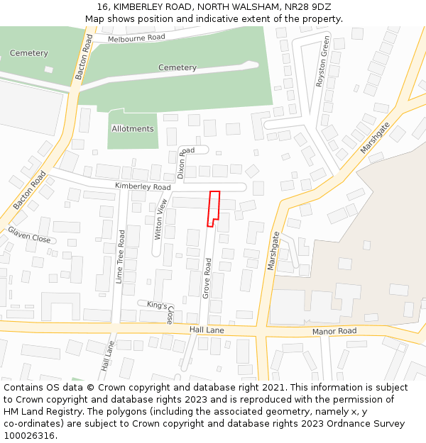 16, KIMBERLEY ROAD, NORTH WALSHAM, NR28 9DZ: Location map and indicative extent of plot