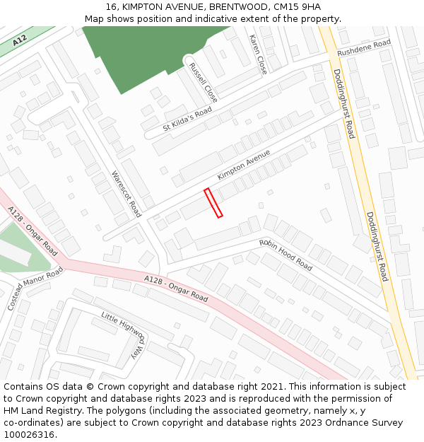 16, KIMPTON AVENUE, BRENTWOOD, CM15 9HA: Location map and indicative extent of plot