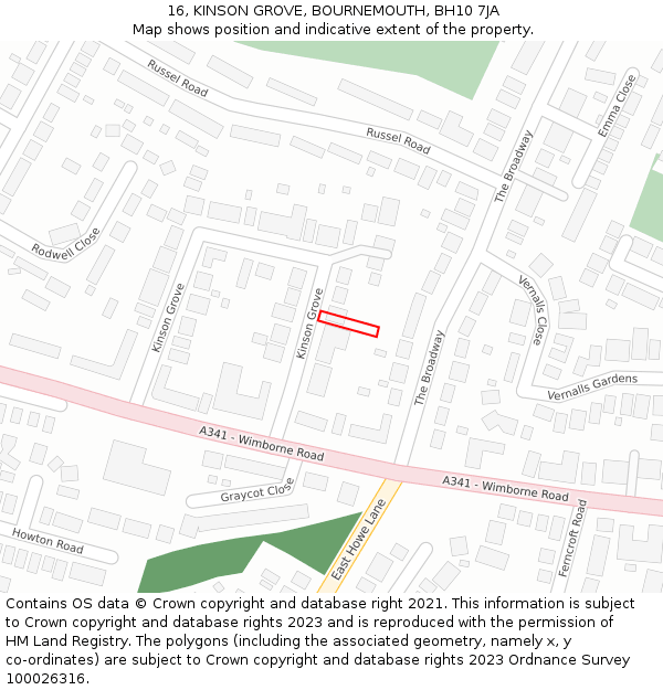 16, KINSON GROVE, BOURNEMOUTH, BH10 7JA: Location map and indicative extent of plot