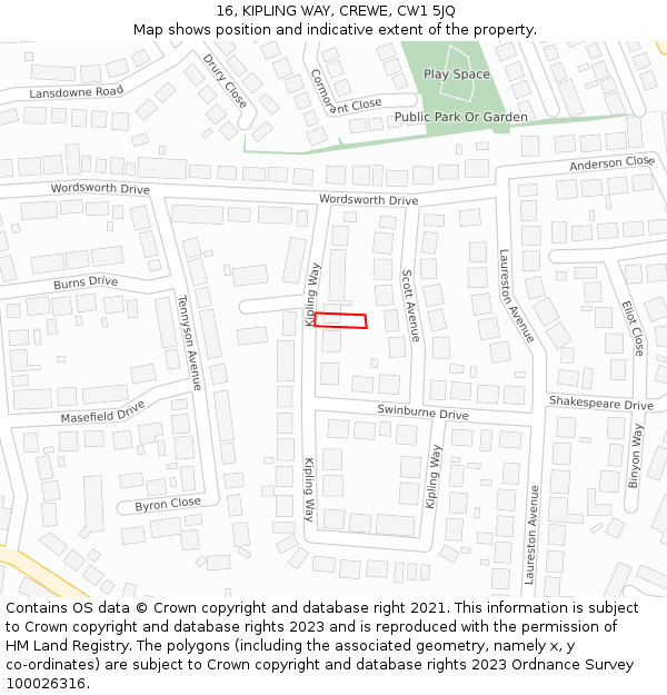16, KIPLING WAY, CREWE, CW1 5JQ: Location map and indicative extent of plot