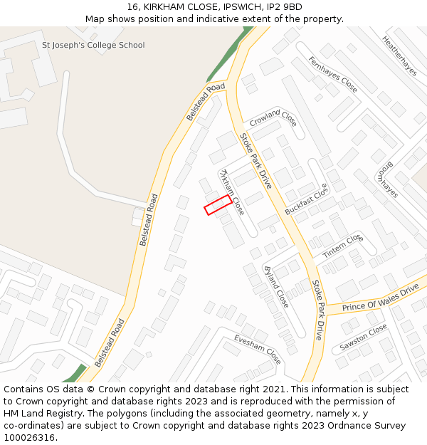 16, KIRKHAM CLOSE, IPSWICH, IP2 9BD: Location map and indicative extent of plot