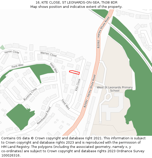 16, KITE CLOSE, ST LEONARDS-ON-SEA, TN38 8DR: Location map and indicative extent of plot