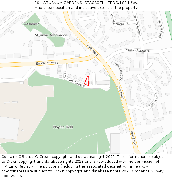16, LABURNUM GARDENS, SEACROFT, LEEDS, LS14 6WU: Location map and indicative extent of plot