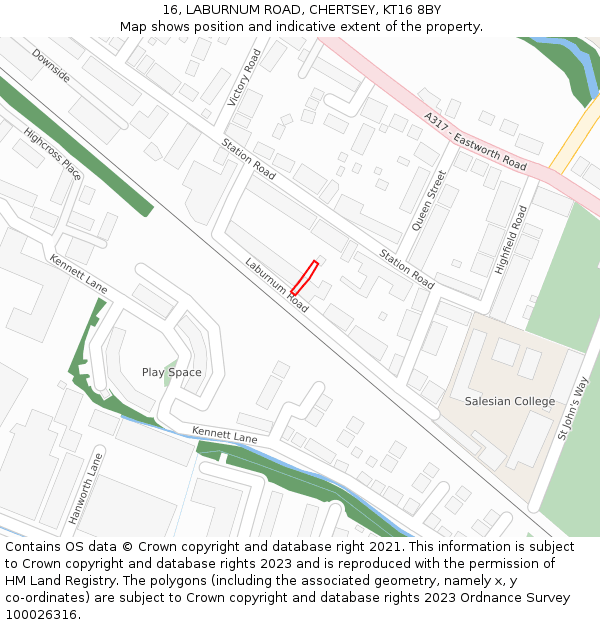 16, LABURNUM ROAD, CHERTSEY, KT16 8BY: Location map and indicative extent of plot