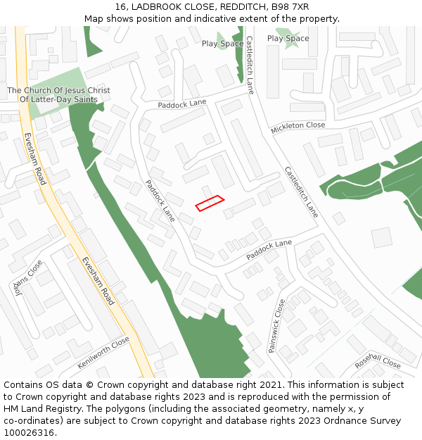 16, LADBROOK CLOSE, REDDITCH, B98 7XR: Location map and indicative extent of plot