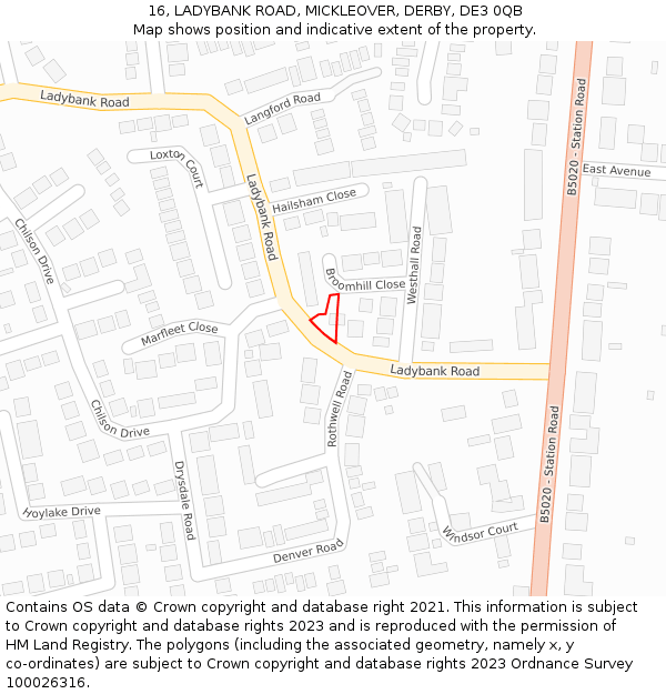 16, LADYBANK ROAD, MICKLEOVER, DERBY, DE3 0QB: Location map and indicative extent of plot