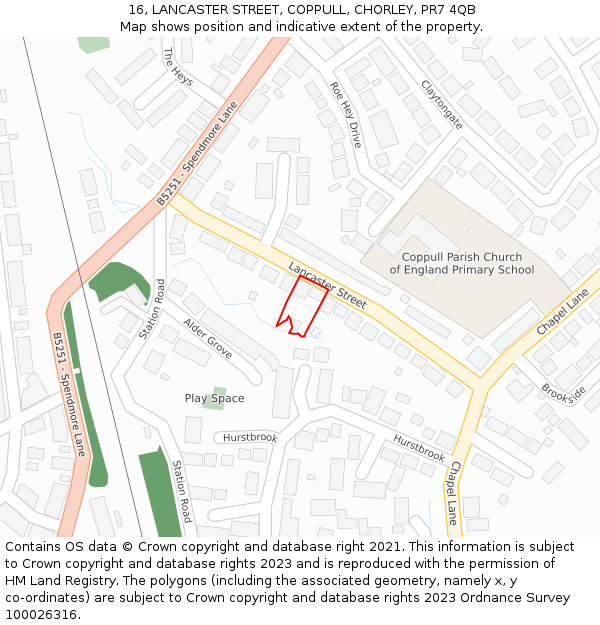 16, LANCASTER STREET, COPPULL, CHORLEY, PR7 4QB: Location map and indicative extent of plot