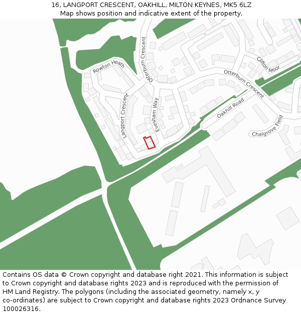 16, LANGPORT CRESCENT, OAKHILL, MILTON KEYNES, MK5 6LZ: Location map and indicative extent of plot