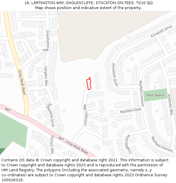 16, LARTINGTON WAY, EAGLESCLIFFE, STOCKTON-ON-TEES, TS16 0JQ: Location map and indicative extent of plot