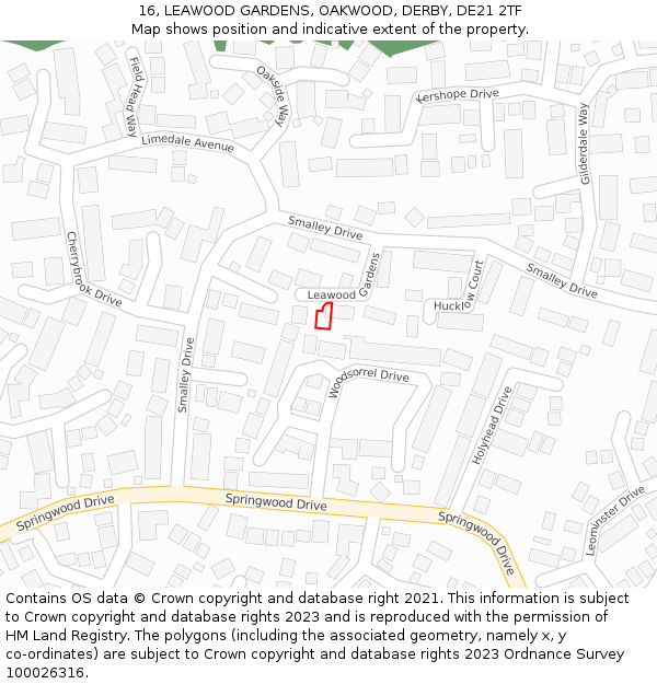 16, LEAWOOD GARDENS, OAKWOOD, DERBY, DE21 2TF: Location map and indicative extent of plot