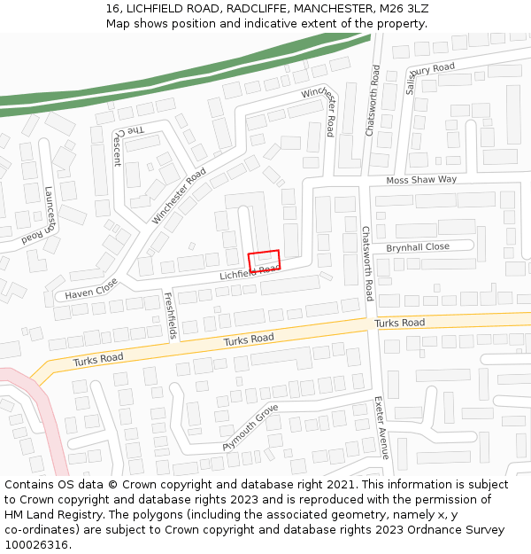 16, LICHFIELD ROAD, RADCLIFFE, MANCHESTER, M26 3LZ: Location map and indicative extent of plot