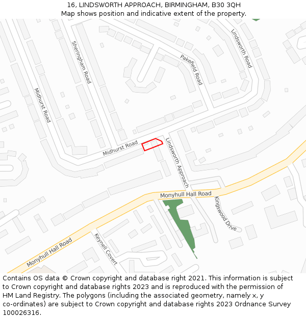 16, LINDSWORTH APPROACH, BIRMINGHAM, B30 3QH: Location map and indicative extent of plot
