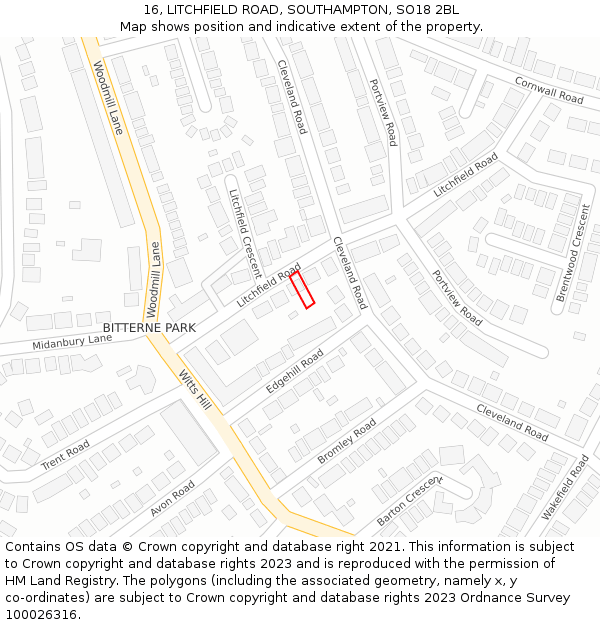 16, LITCHFIELD ROAD, SOUTHAMPTON, SO18 2BL: Location map and indicative extent of plot