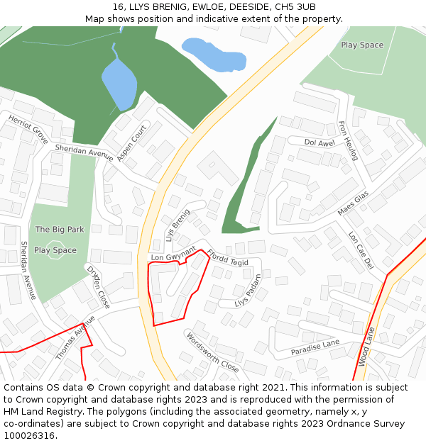 16, LLYS BRENIG, EWLOE, DEESIDE, CH5 3UB: Location map and indicative extent of plot
