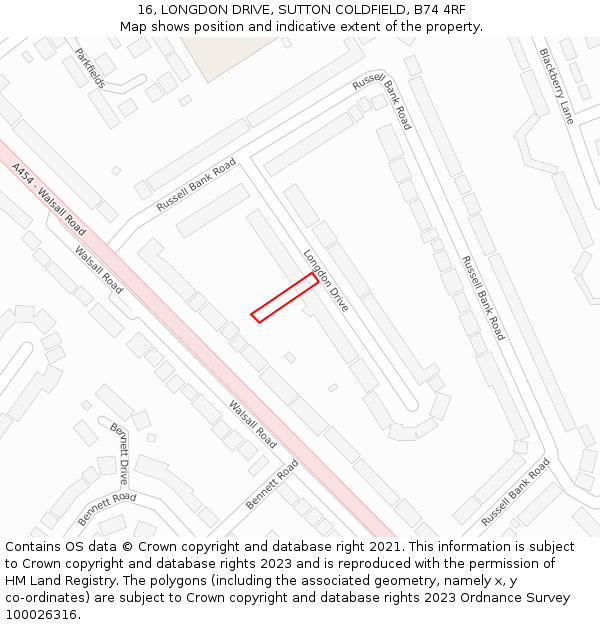 16, LONGDON DRIVE, SUTTON COLDFIELD, B74 4RF: Location map and indicative extent of plot