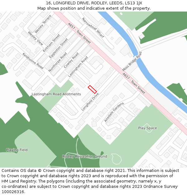 16, LONGFIELD DRIVE, RODLEY, LEEDS, LS13 1JX: Location map and indicative extent of plot